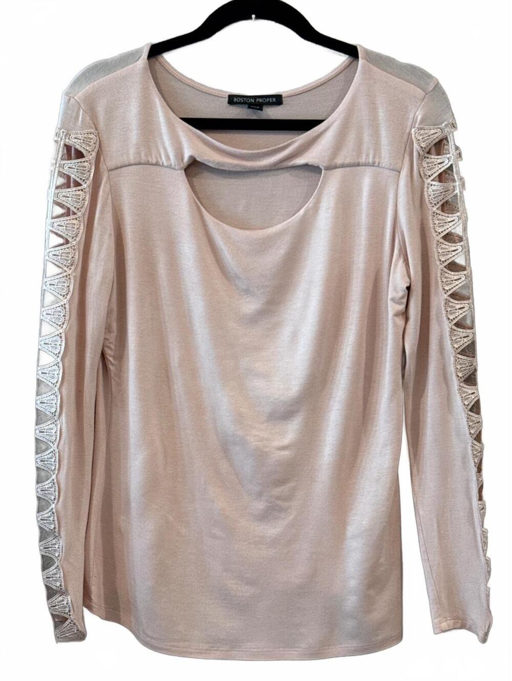 Boston Proper Women's Pink Long Sleeve Top with Lace Sleeve Detail Size M
